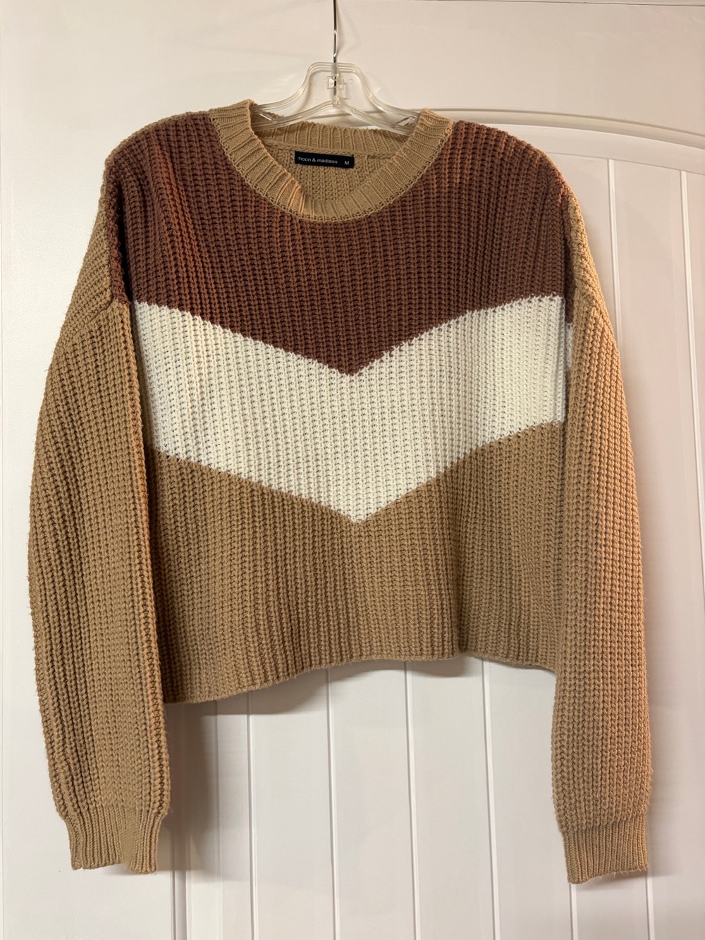 moon & madison Colorblock Chevron Sweater - Tan, Brown & White